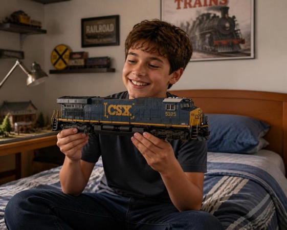 model railroad train and boy